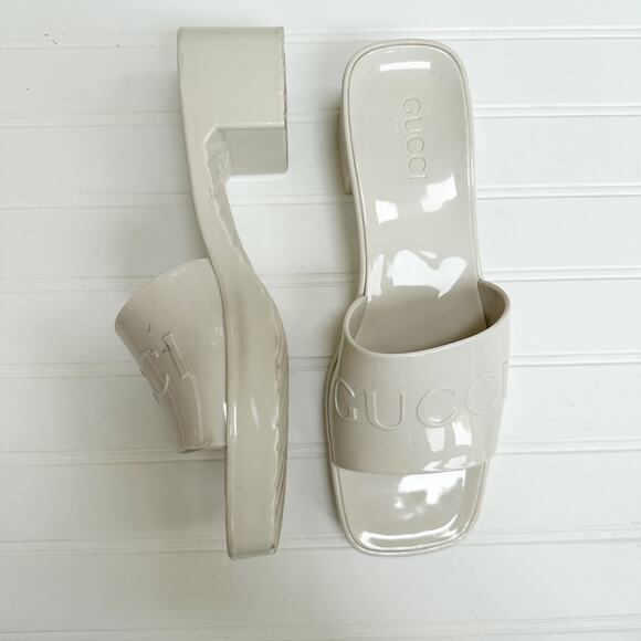 Gucci Rubber Logo Sandals Plastique White PVC Glossy Mule Platform Slide 41 - Picture 2 of 13